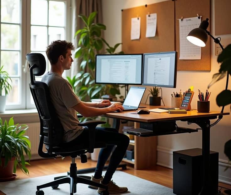 eye level monitor setup for ergonomic desk