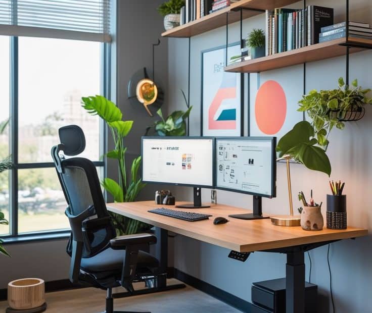 a desk with a computer and a chair