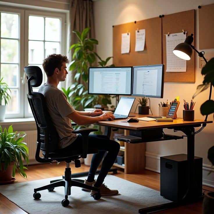 eye level monitor setup for ergonomic desk